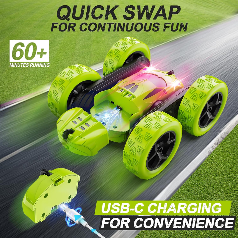 Kids RC Stunt Car 4WD Double Sided 360° Rotating Remote Control Green1