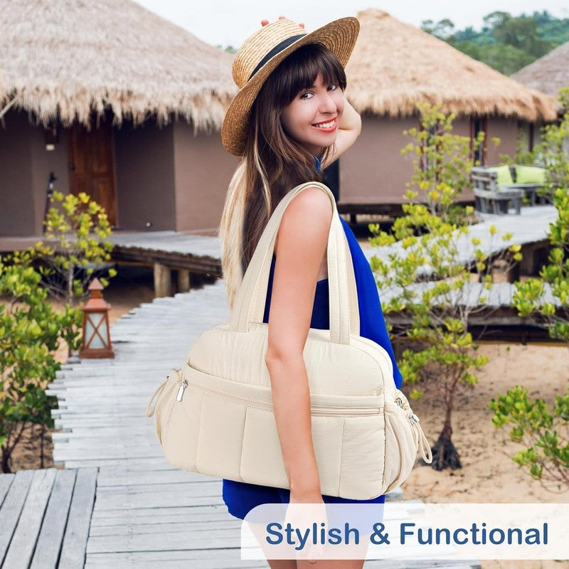 Travel Duffel Bag Women Puffer Gym Weekender Wet Pocket Carry On Beige7