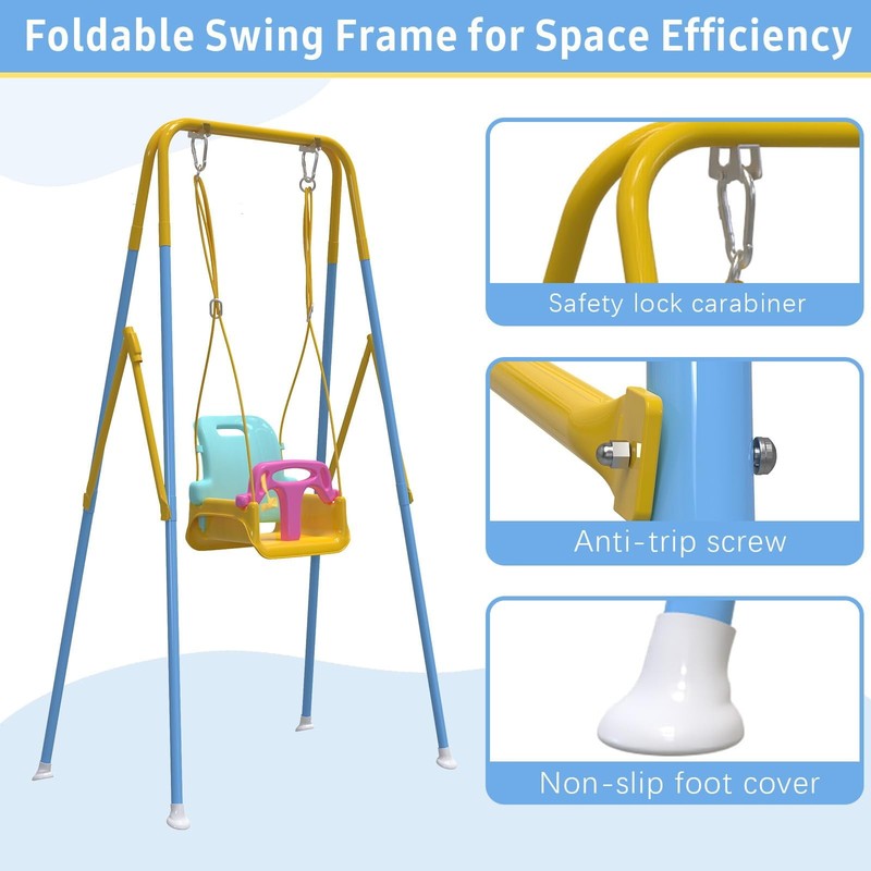 Foldable Baby Swing Set for Backyard, Indoor/Outdoor Toddler Swing Yellow & Blue2