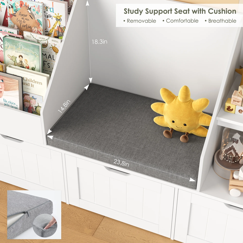 Kids Bookshelf with Reading Nook & 3 Movable Drawers, 2 Cube Bookcase with 4 Tie7