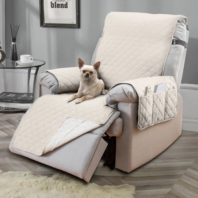 Non-Slip Recliner Chair Cover 25" Creamy White with Pocket for Dogs & Pets7