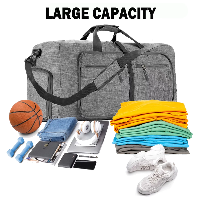 65L Foldable Travel Duffle Bag w/Shoe Compartment Waterproof Gray1