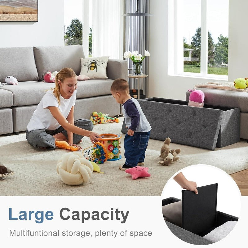 43In Foldable Storage Ottoman Bench, Large Chest Footrest Seat 350Lbs, Grey3