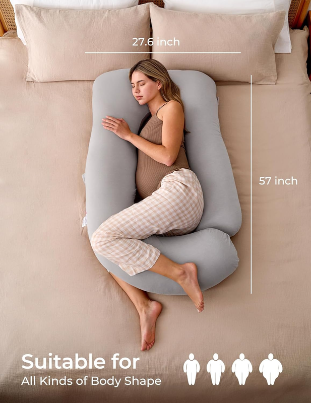 57in U Shaped Pregnancy Pillow Full Body Maternity Jersey Cotton Gray7