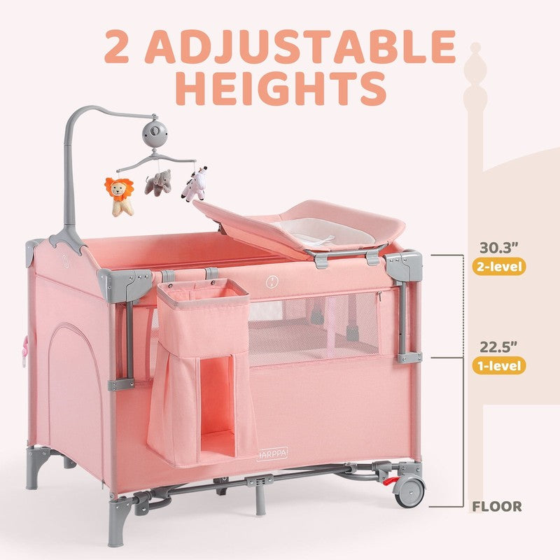 5 in 1 Portable Playard & Bassinet Pink Newborn to Toddler Easy Folding0