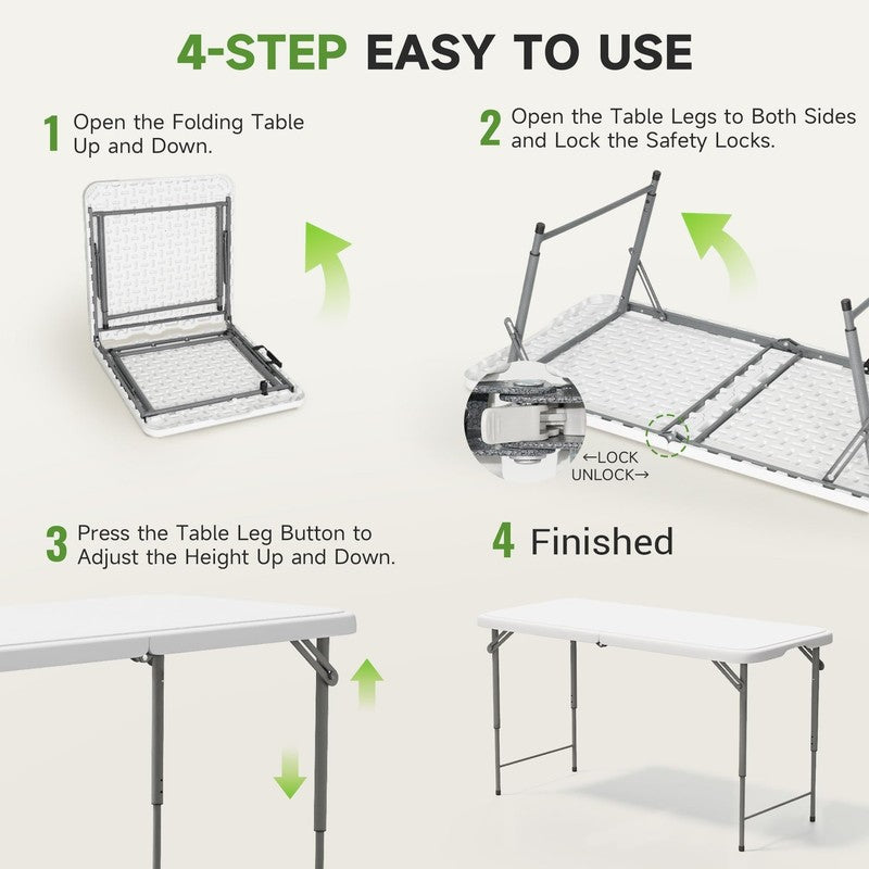 Folding Table 4 Foot - 3-Position Adjustable Height, Heavy Duty 400 Lbs Capacity1