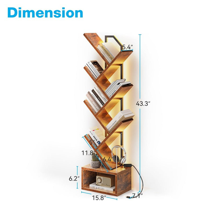 6 Tier Tree Bookshelf, Bookcase with LED Lights, Display Floor Standing Storage6