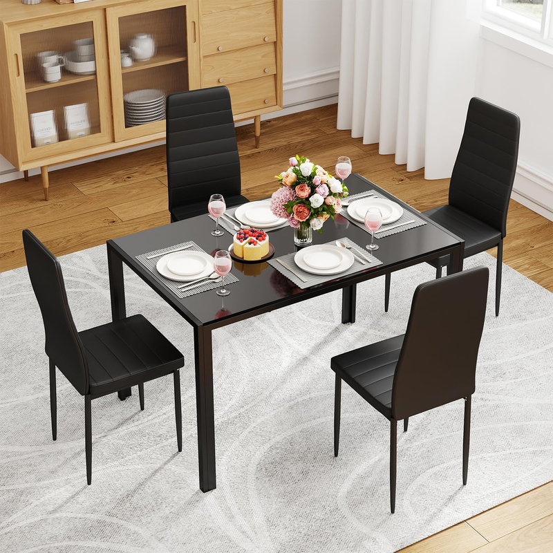 5 Piece Glass Dining Table Black 4 Chairs Upholstered Faux Leather Easy Assembly1