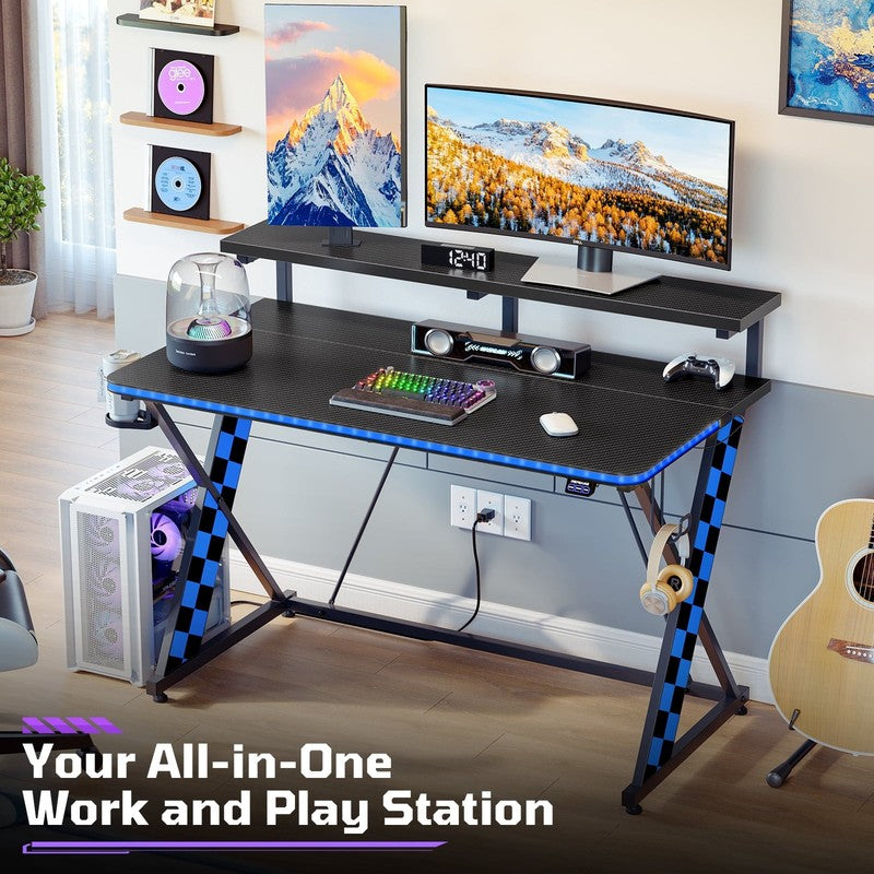 43" X-Shaped Gaming Desk with Music Sync LED, Monitor Stand Black Racing8