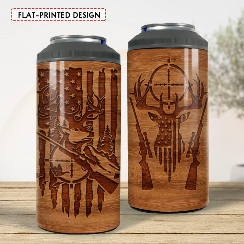 Hunting Tumbler Wood Style American Flag 4-in-1 12oz Can Cooler Stainless Steel1