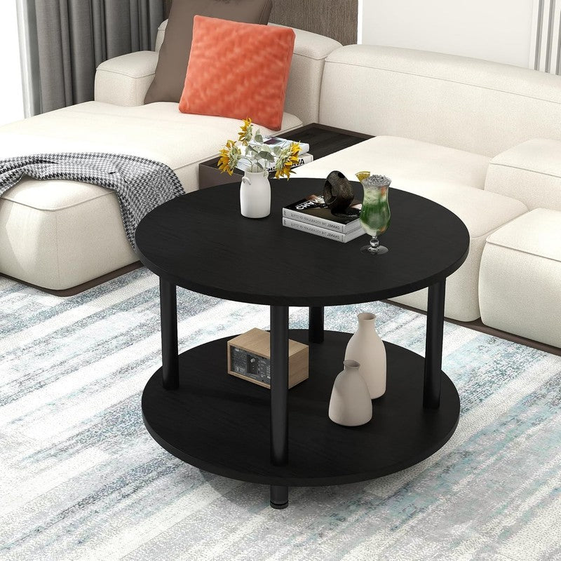 Round 2 Tier Coffee Table with Storage 23.6" Metal Frame, Black1