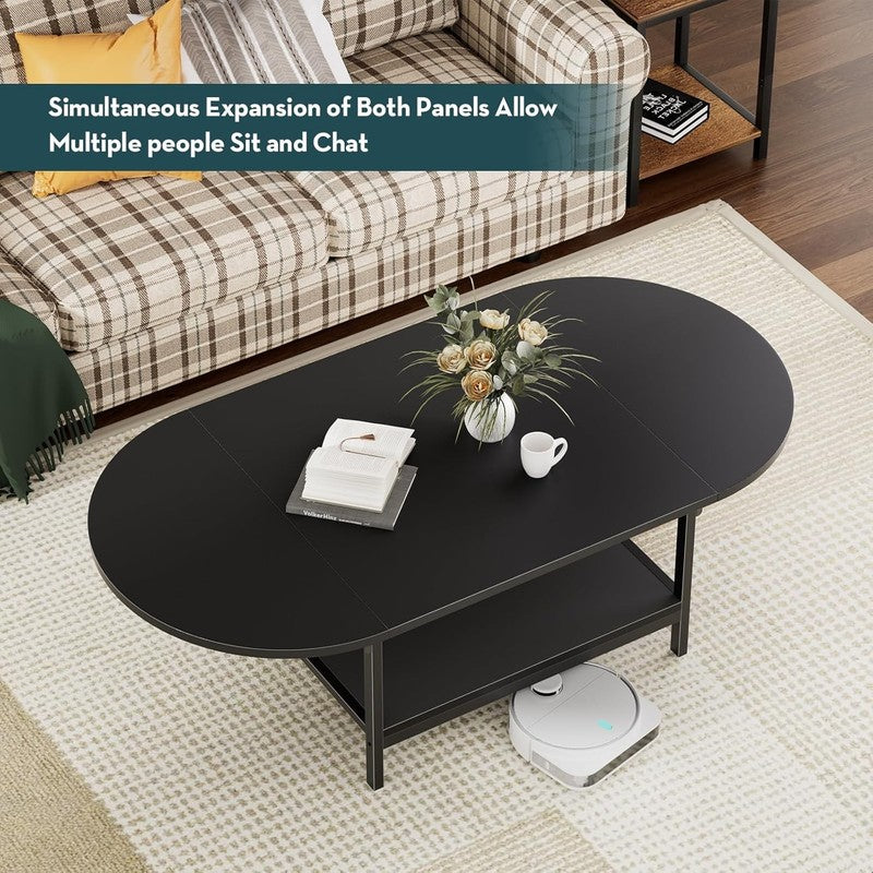 Black 2 Tier Foldable Coffee Table with Storage, Modern Living Room Table7