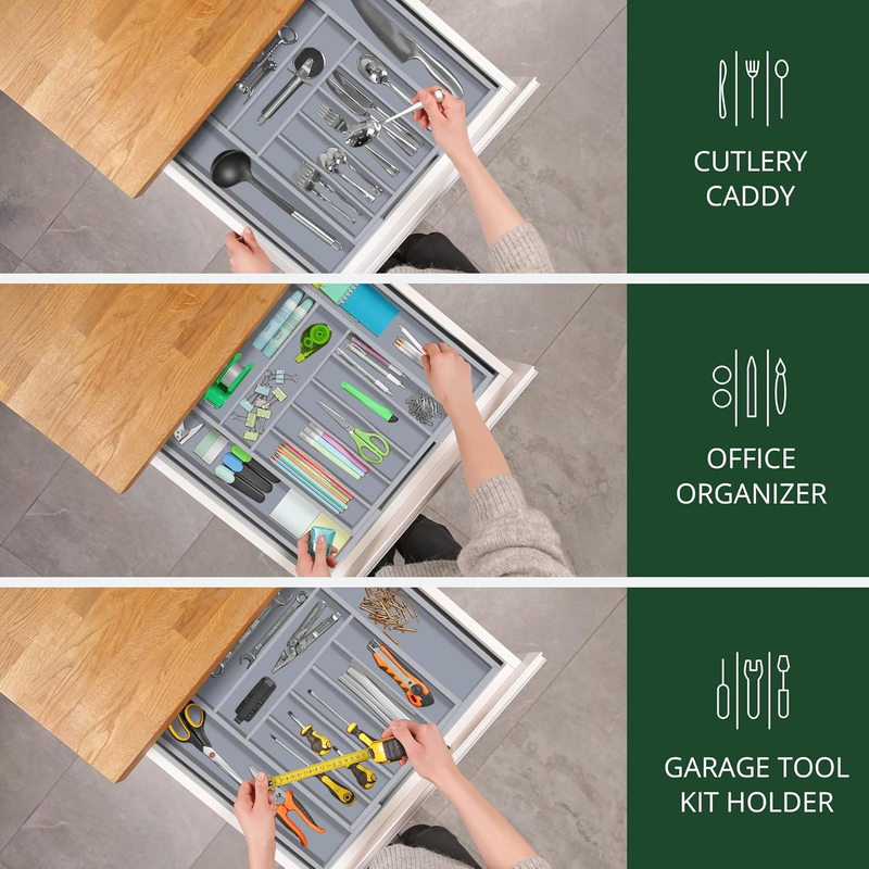 Bamboo Kitchen Drawer Organizer 9 Slot Silverware Utensil Tray Gray7