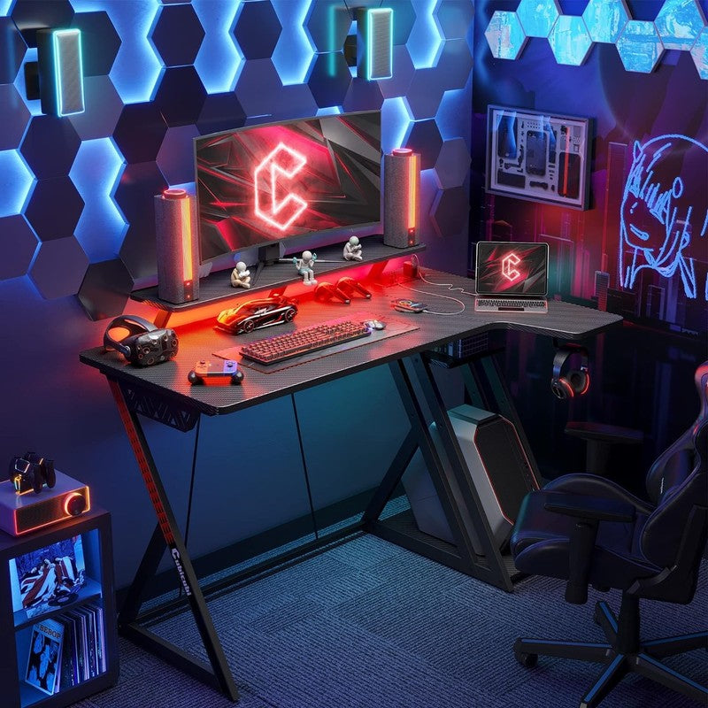 40" L Shaped Gaming Desk Aurora LED Lights Power Outlets Carbon Fiber w/ Shelves1