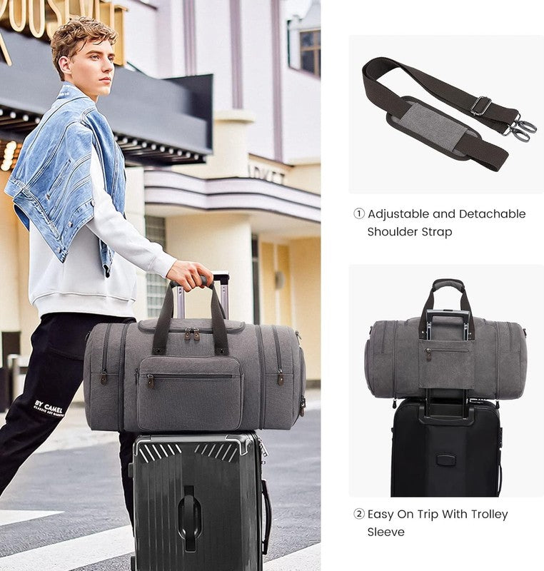 Canvas Travel Duffle Bag Graphite Grey Carry On w/ Shoe Compartment Toiletry6