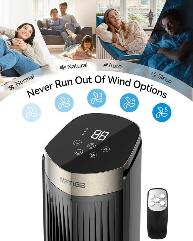 40 Inch Tower Fan for Home, 70° Oscillating Standing Floor Fan with Remote, 5 Sp1