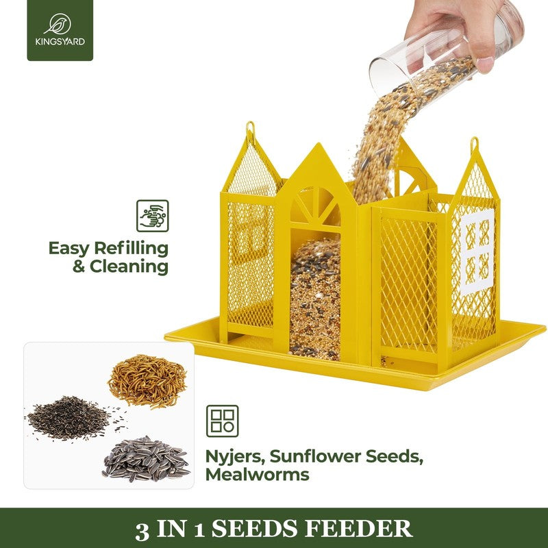Yellow Metal Weatherproof Bird Feeder House, Triple Feeders for Finch & Cardinal5