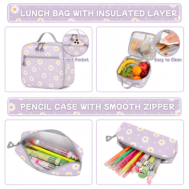Kids School Backpack Set w/ Lunch Bag Pencil Case Gray Flower6