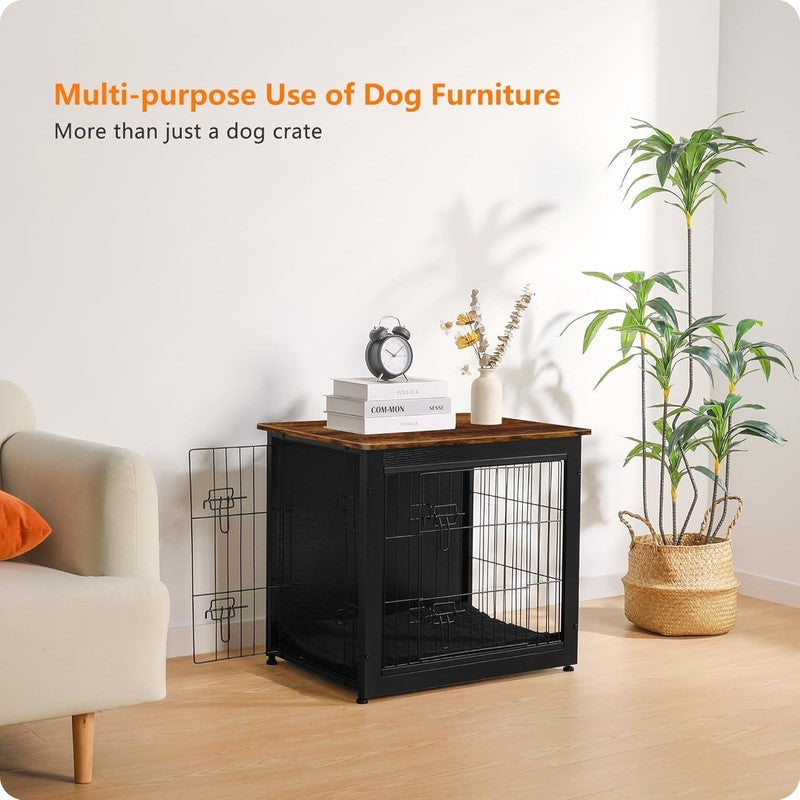 Dog Crate Furniture Table w/Cushion Wooden Kennel Double Door 27.2" Black/Brown7