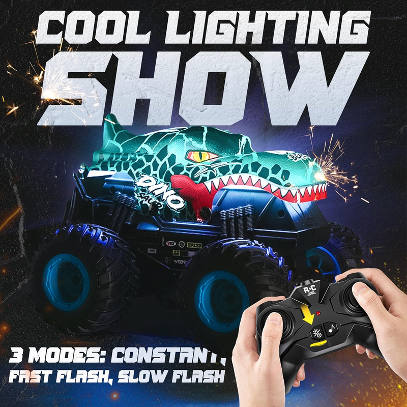 RC Monster Truck Toy Dinosaur Car 1:20 Scale Light Music 360° Spin 2 Shells5
