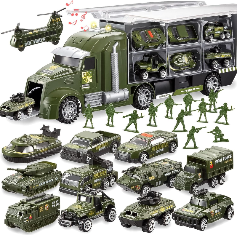 25 in 1 Military Kids Truck Toy Set w/ Tanks Soldiers Lights Sounds 3+8