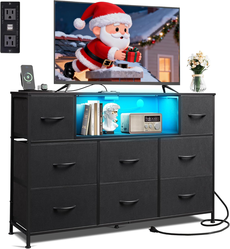 Black TV Stand Dresser LED Lights Charging Station 8 Fabric Drawers Shelf9