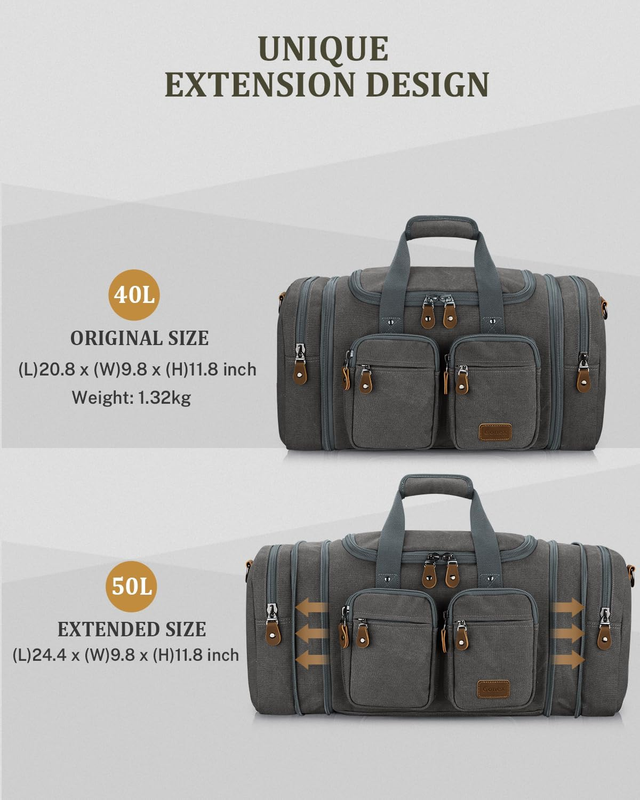 Canvas Duffle Bag for Travel, Expandable Water Resistant 50L Carry on Duffel Ove5