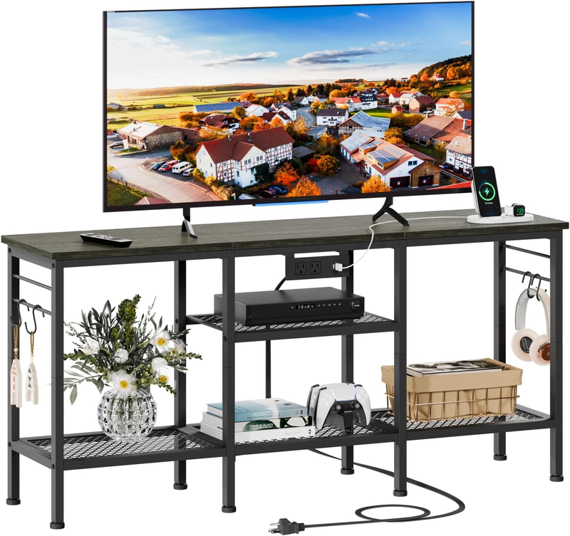 TV Stand with Power Outlets, Entertainment Center with Open Storage Shelves for 10