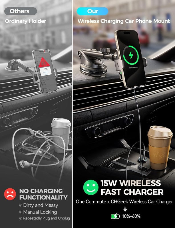 15W Wireless Car Charger Mount, Auto Clamping Fast Charging Phone Holder for Car2