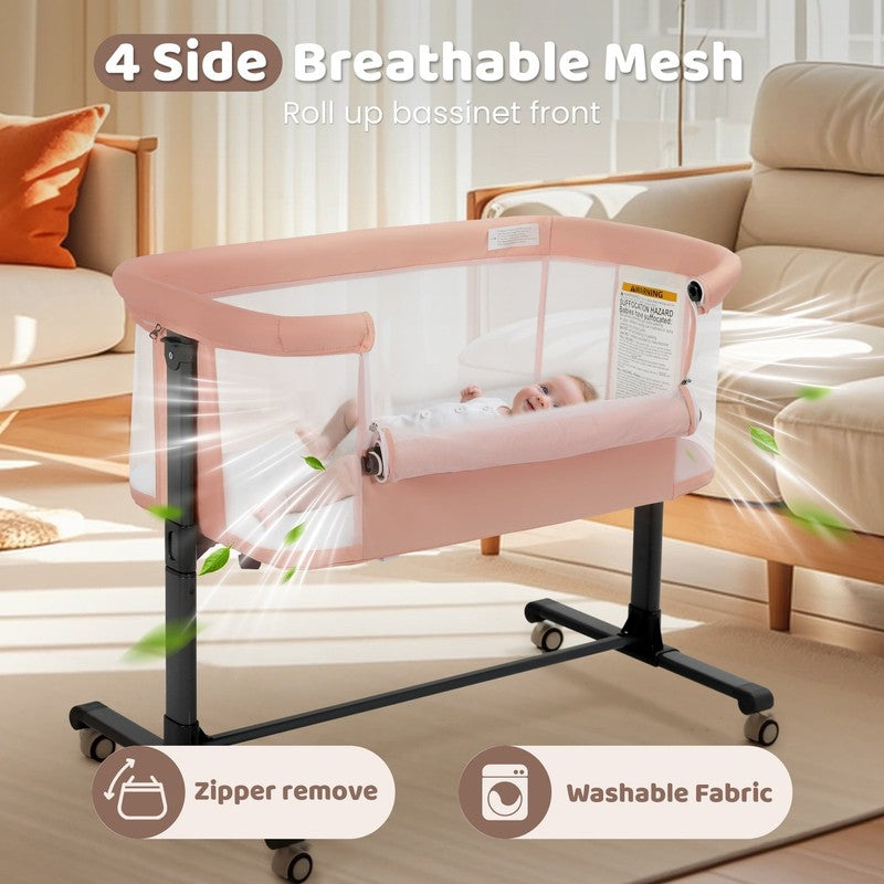 Baby Bassinet with Wheels Pink Height Adjustable Bedside Sleeper for Newborns6