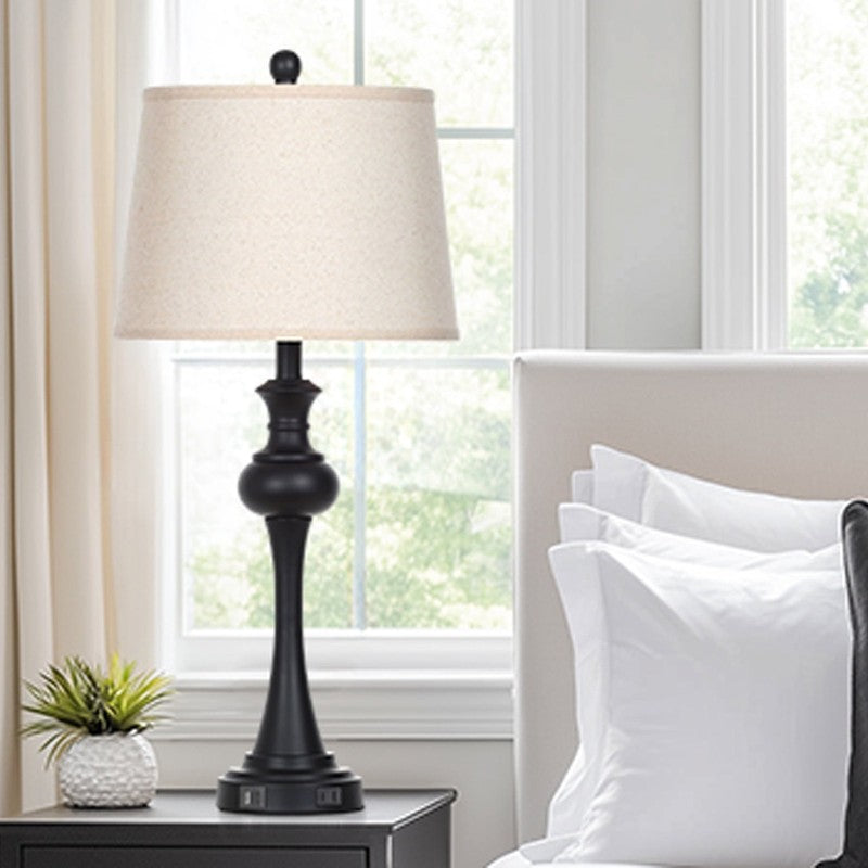 Set of 2 3 Way Dimmable Tall Table Lamps USB A+C Ports AC Outlet Industrial Blac3