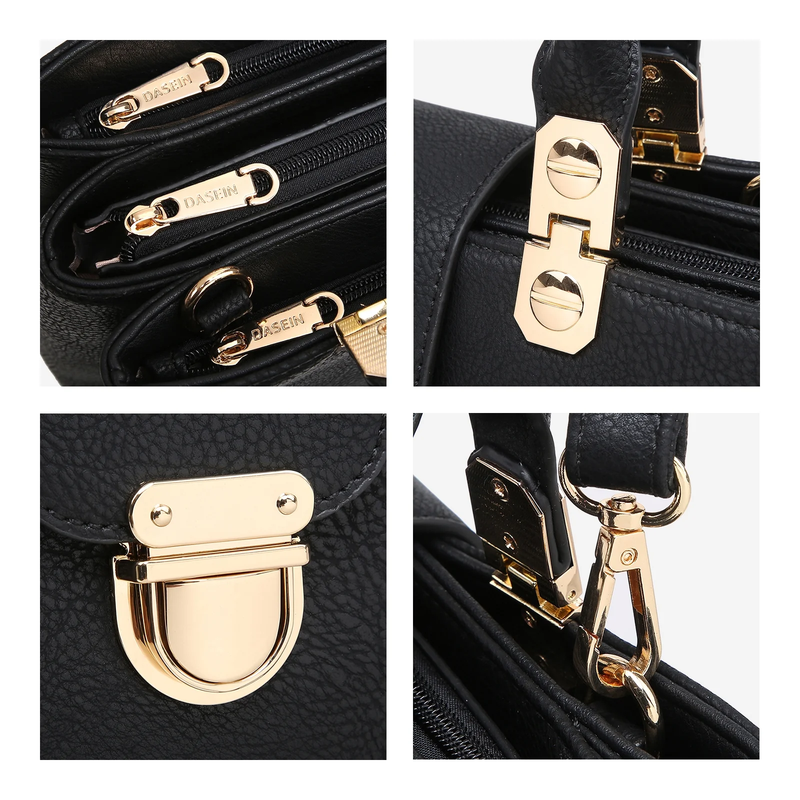 Women'S PU Leather Solid Print Zipper Tote Shoulder Bag, Black3