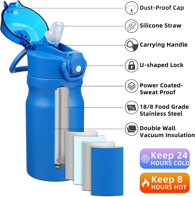 14oz Insulated Water Bottle Stainless Steel Straw Lid Handle Blue1