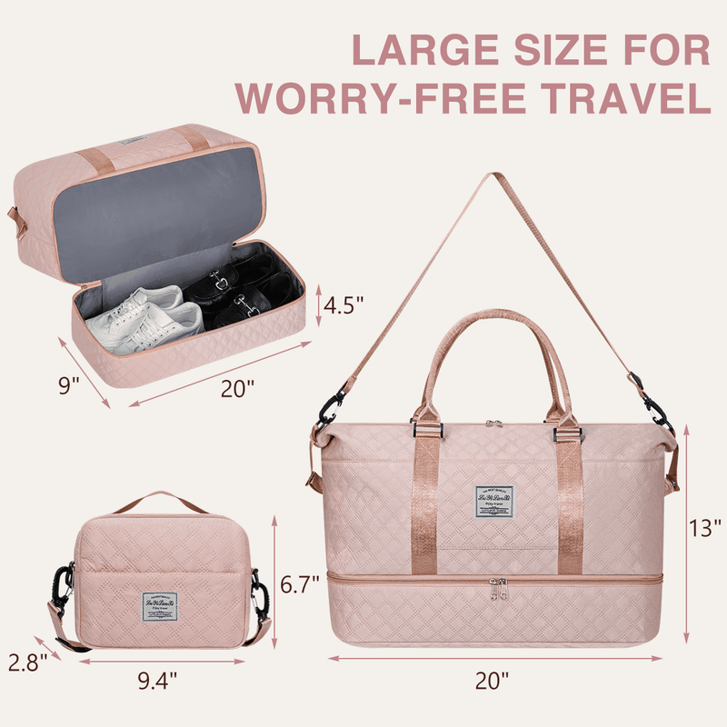 Weekender Overnight Bag for Women, Travel Duffel with Shoe & Wet Pockets, Includ3
