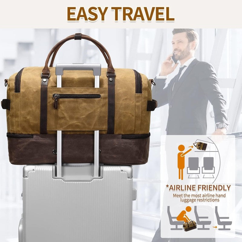 Nerlion Weekender Duffle Bag Brown Canvas Leather Carry On Shoe Compartment2