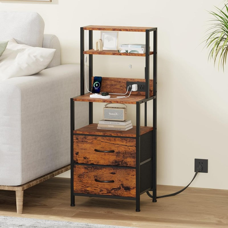 Tall Nightstand 4 Tier w/ 2 Fabric Drawers & Charging Station Rustic Brown2