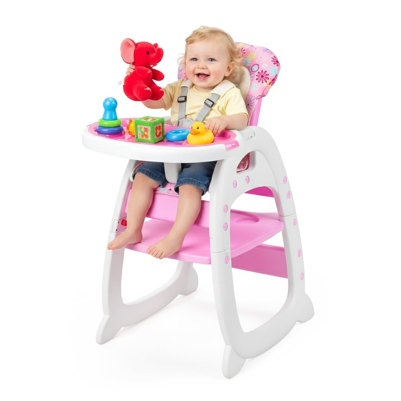 3 in 1 Convertible Baby High Chair Adjustable Toddler Chair Easy Clean Pink7
