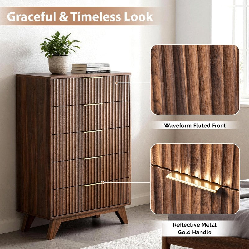 Fluted 5-Drawer Dresser – Solid Wood Chest with Soft-Close Slides, Storage Cabin2
