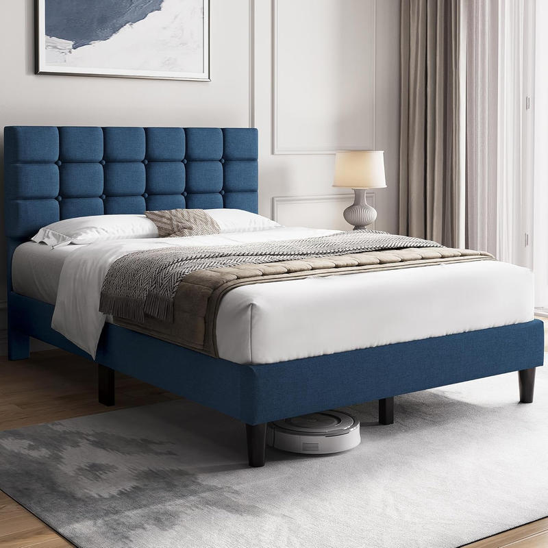 Upholstered Full Bed Frame Tufted Headboard Adjustable Wood Slats Navy Blue2