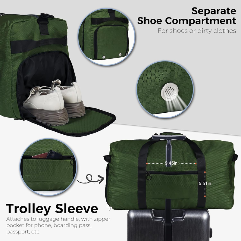 65L Travel Duffel Bag Foldable w/ Shoe Compartment Water Resistant Gray4