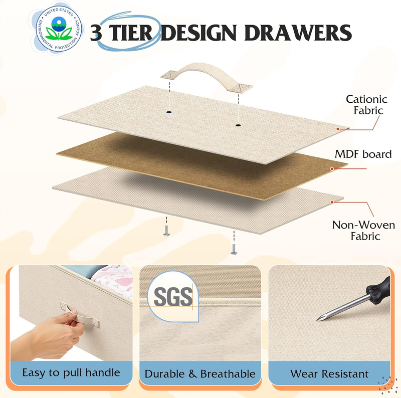 5 Drawer Fabric Dresser Storage Tower Steel Frame Wood Top Cream White4