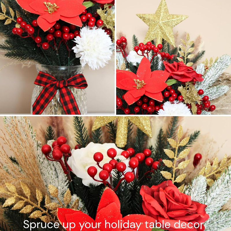 100 Pcs Christmas Centerpiece Floral Arrangement Red Berry Poinsettia Decor2