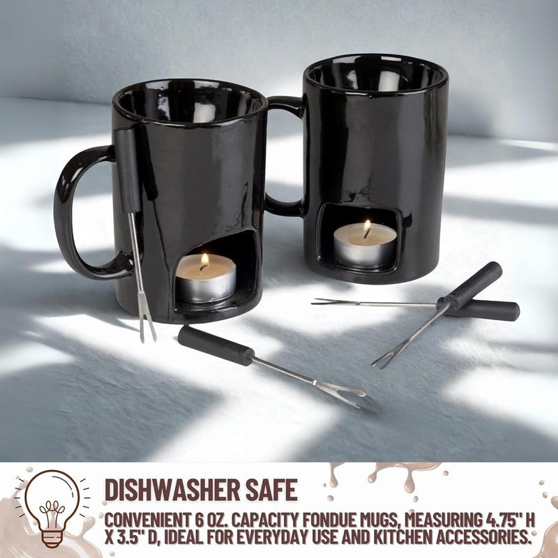 Mini Fondue Mug Set (2 Pack), Ceramic, 4 Forks, 8 Candles, Chocolate/Cheese Gift4