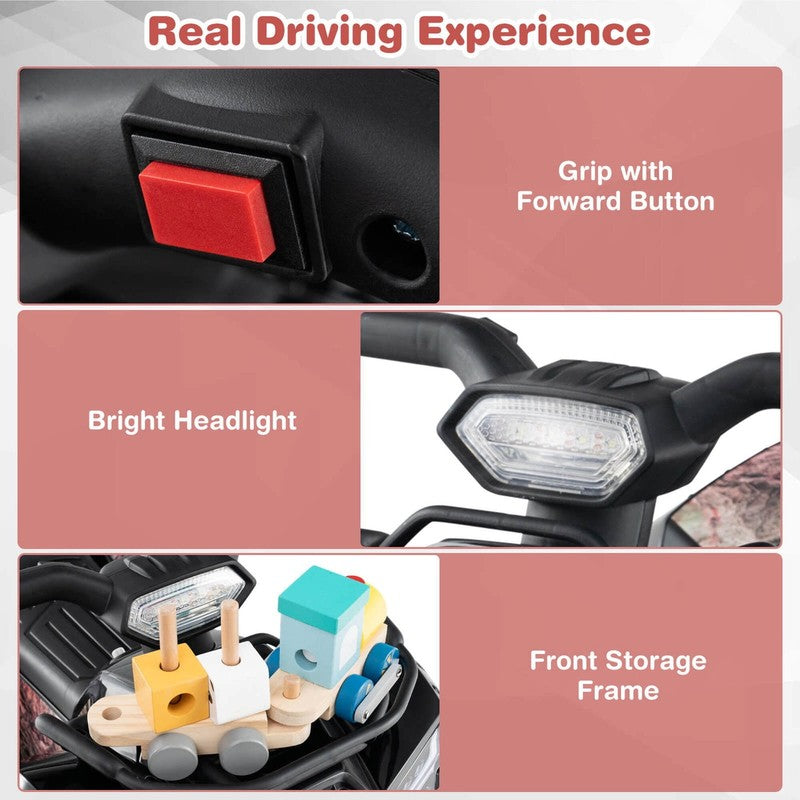 6V Electric Kids Toy Car Black with Music, Story & USB Front Storage Basket7