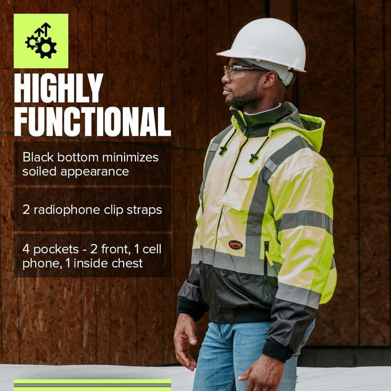 Hi Vis Safety Bomber for Men   Waterproof, Reflective ANSI Class 3 Winter Rain J6