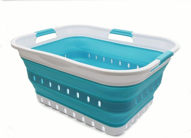 42L Collapsible Plastic Laundry Basket White/Bright Blue Foldable Hamper2