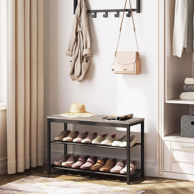 Shoe Bench 3 Tier Rack Industrial Organizer Greige Entryway1
