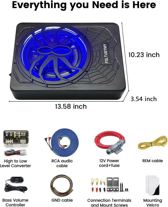 1200W 10" Slim Under Seat Car Subwoofer with Built-In Amplifier & LED Light6