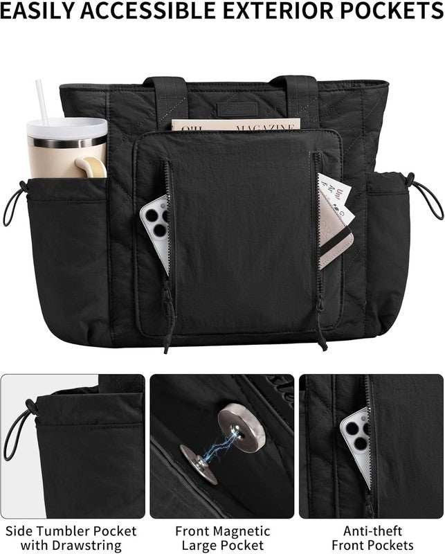 Women’s Puffer Tote Bag Lightweight Quilted Shoulder Handbag Work Laptop Gym3