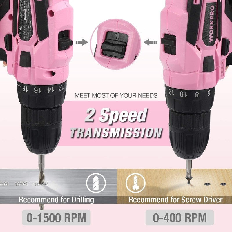 12V Cordless Drill Driver Kit 61Pc Tool Set 1.5Ah Battery Charger Pink Bag8